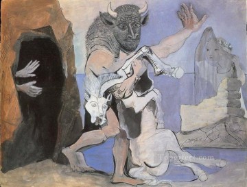 Minotaure et jument morte devant une grotte face a une fille au voile 1936 Cubistas Pinturas al óleo